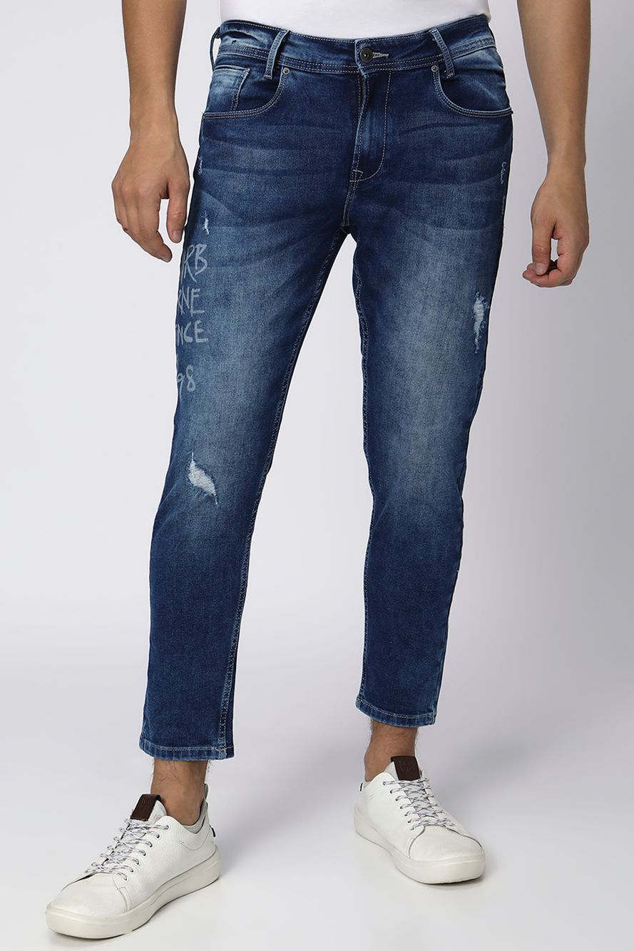 Mid Blue Ankle Length Distressed Stretch Jeans