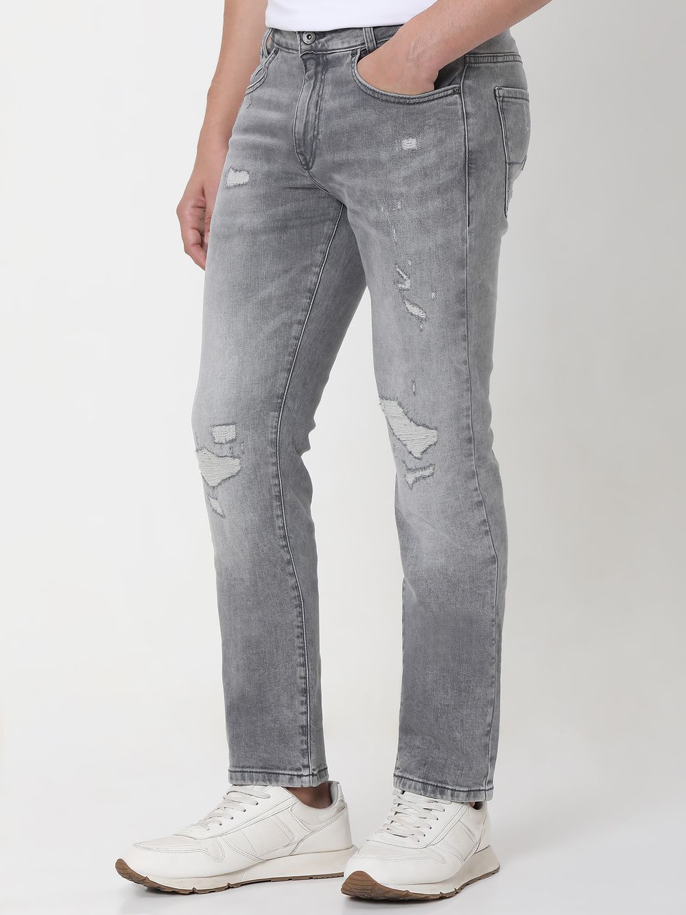 Grey Super Slim Fit Distressed Stretch Jeans