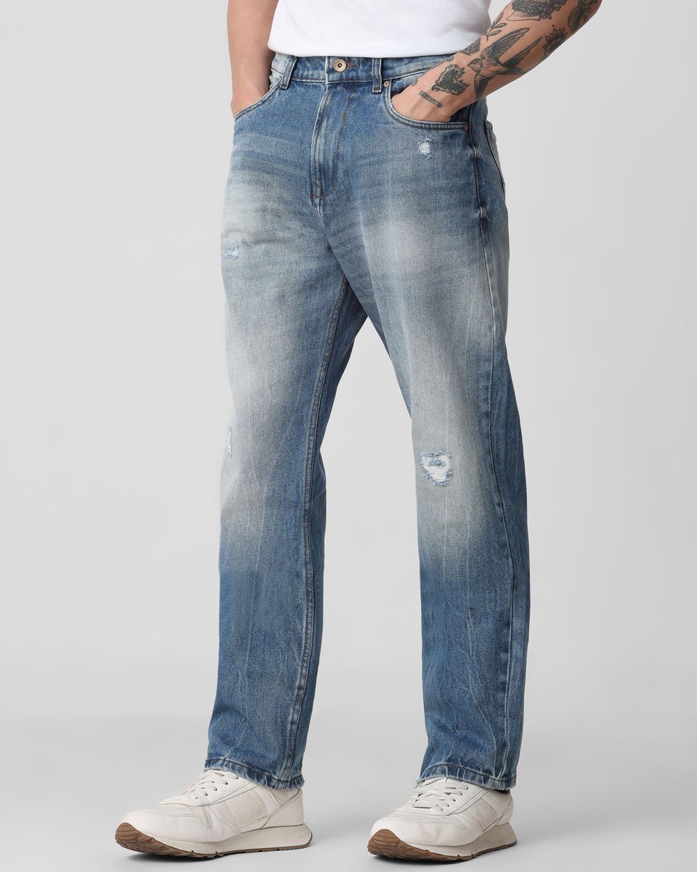 Mid Blue Loose Fit Distressed Stretch Jeans