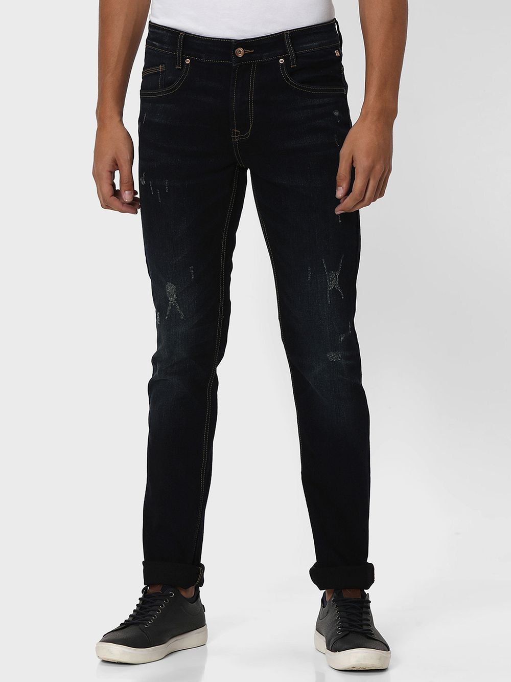 Deep Indigo Blue Super Slim Fit Distressed Stretch Jeans