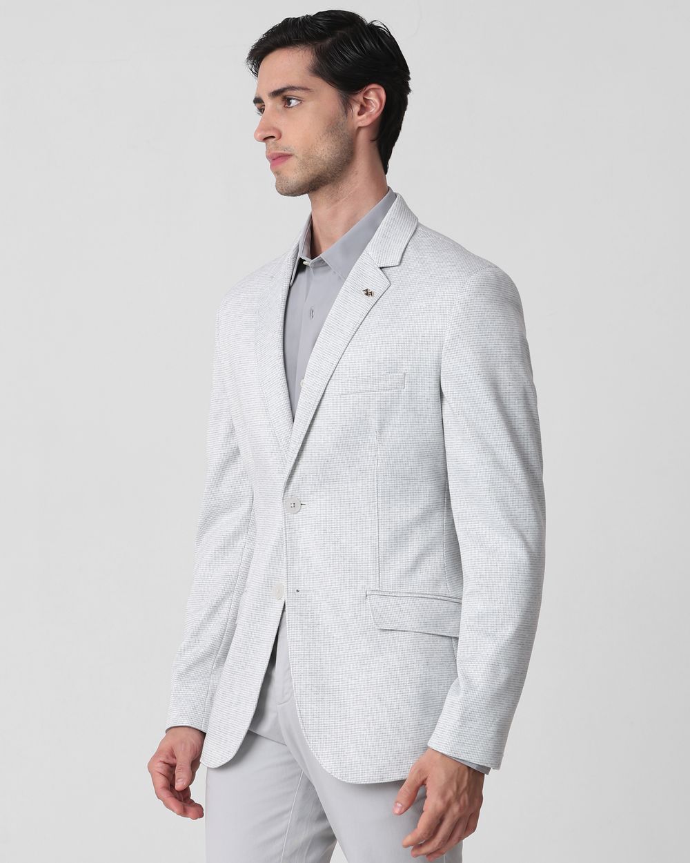 Light Grey Textured Plain Slim Fit Blazer