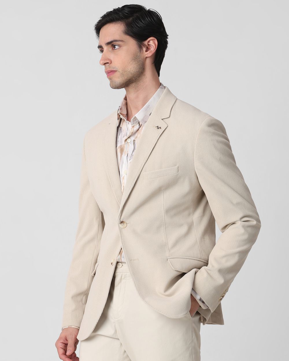 Beige Corduroy Slim Fit Blazer