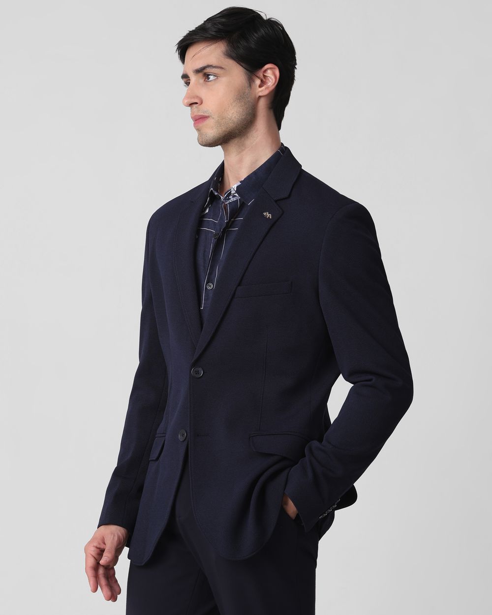 Navy Textured Plain Slim Fit Blazer