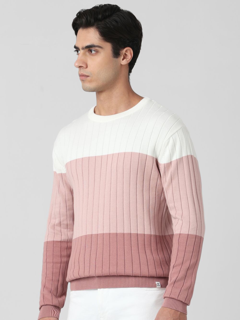 Peach Color-Blocked Slim Fit Sweater