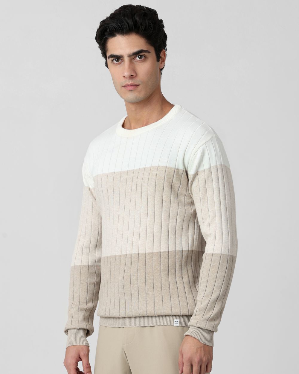 Beige Color-Blocked Slim Fit Sweater