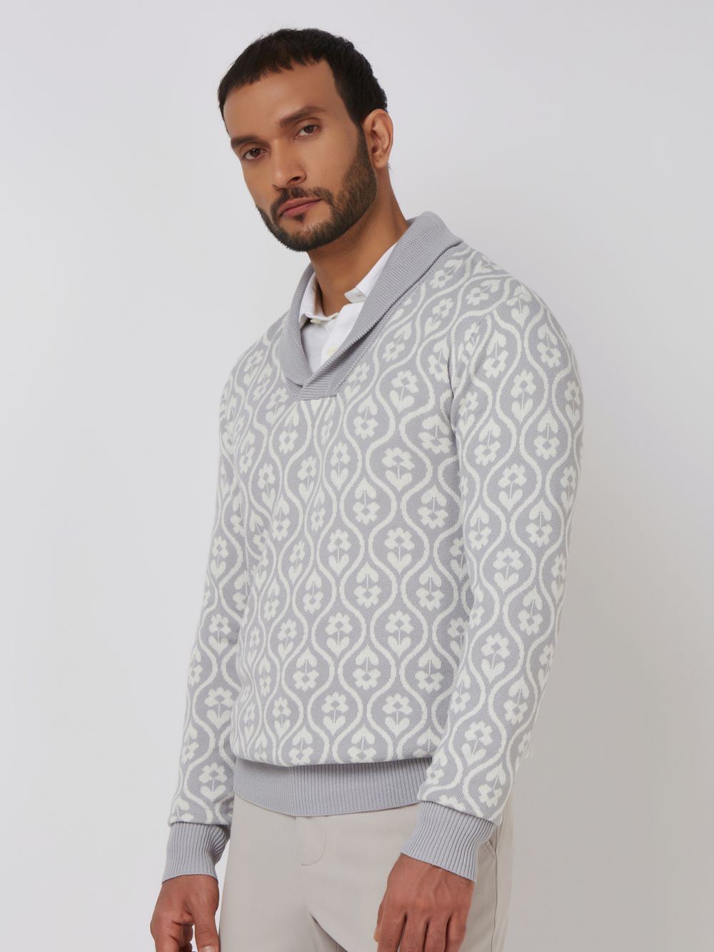 Light Grey Jacquard Slim Fit Sweater