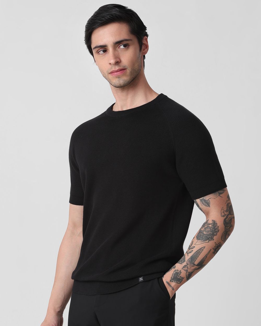 Black Textured Slim Fit Flatknit Tee