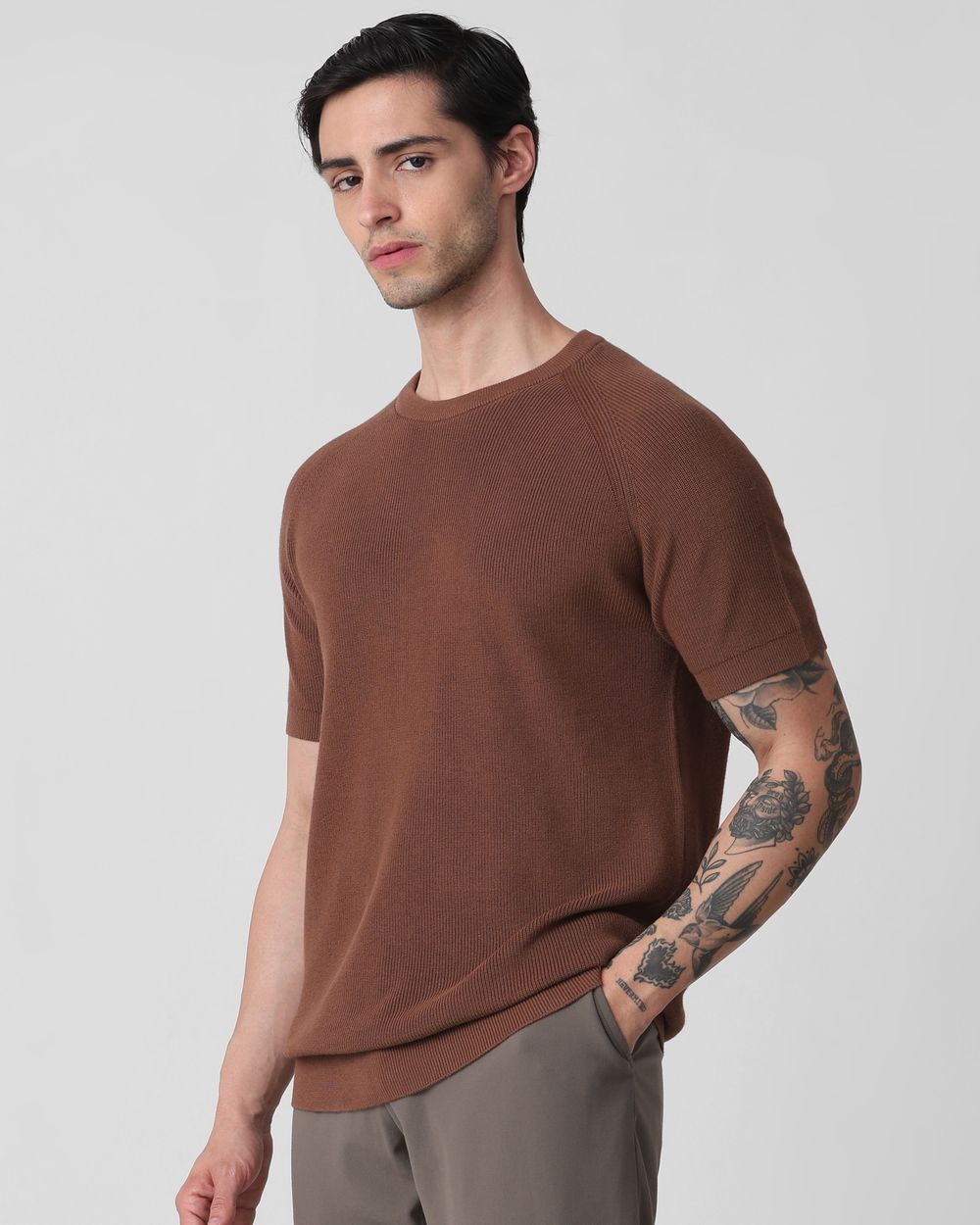 Brown Textured Slim Fit Flatknit Tee