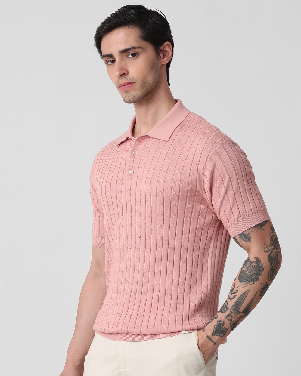 Pastel Pink Self Stripe Flatknit Slim Fit Polo