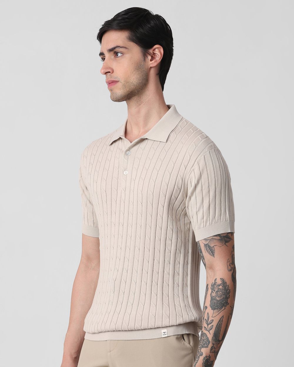 Beige Self Stripe Flatknit Slim Fit Polo