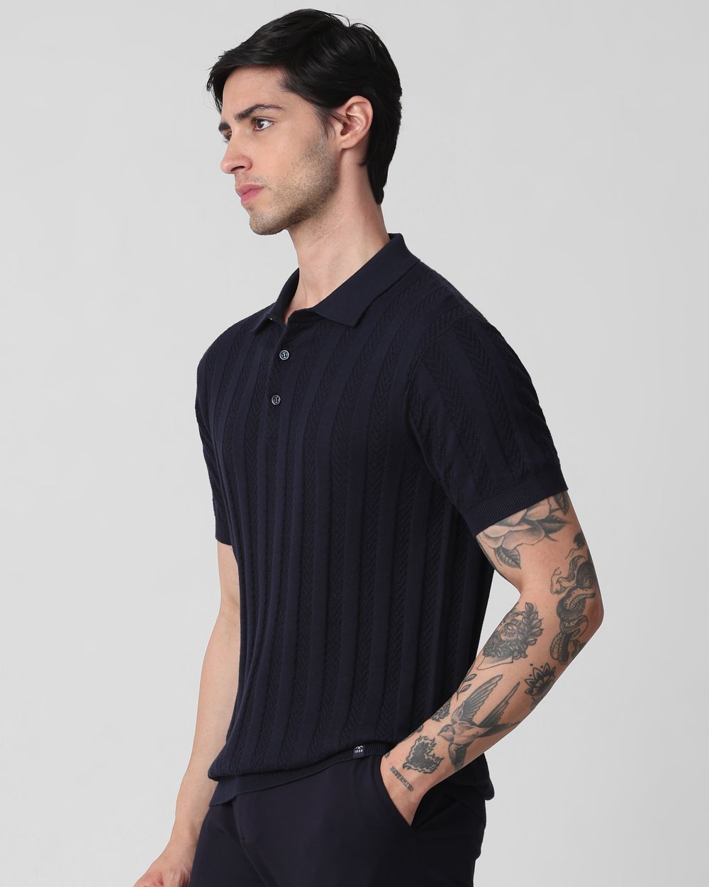 Navy Self Stripe Flatknit Slim Fit Polo