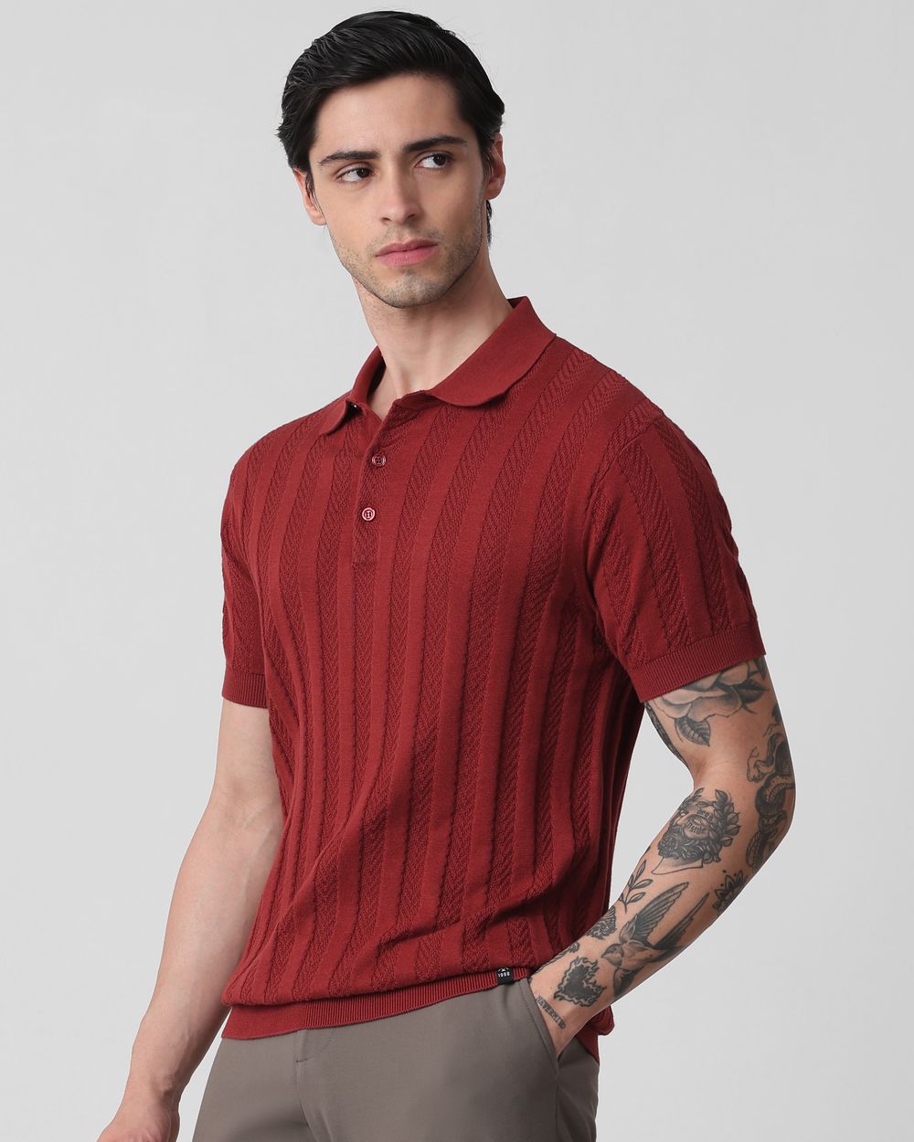 Rust Self Stripe Flatknit Slim Fit Polo