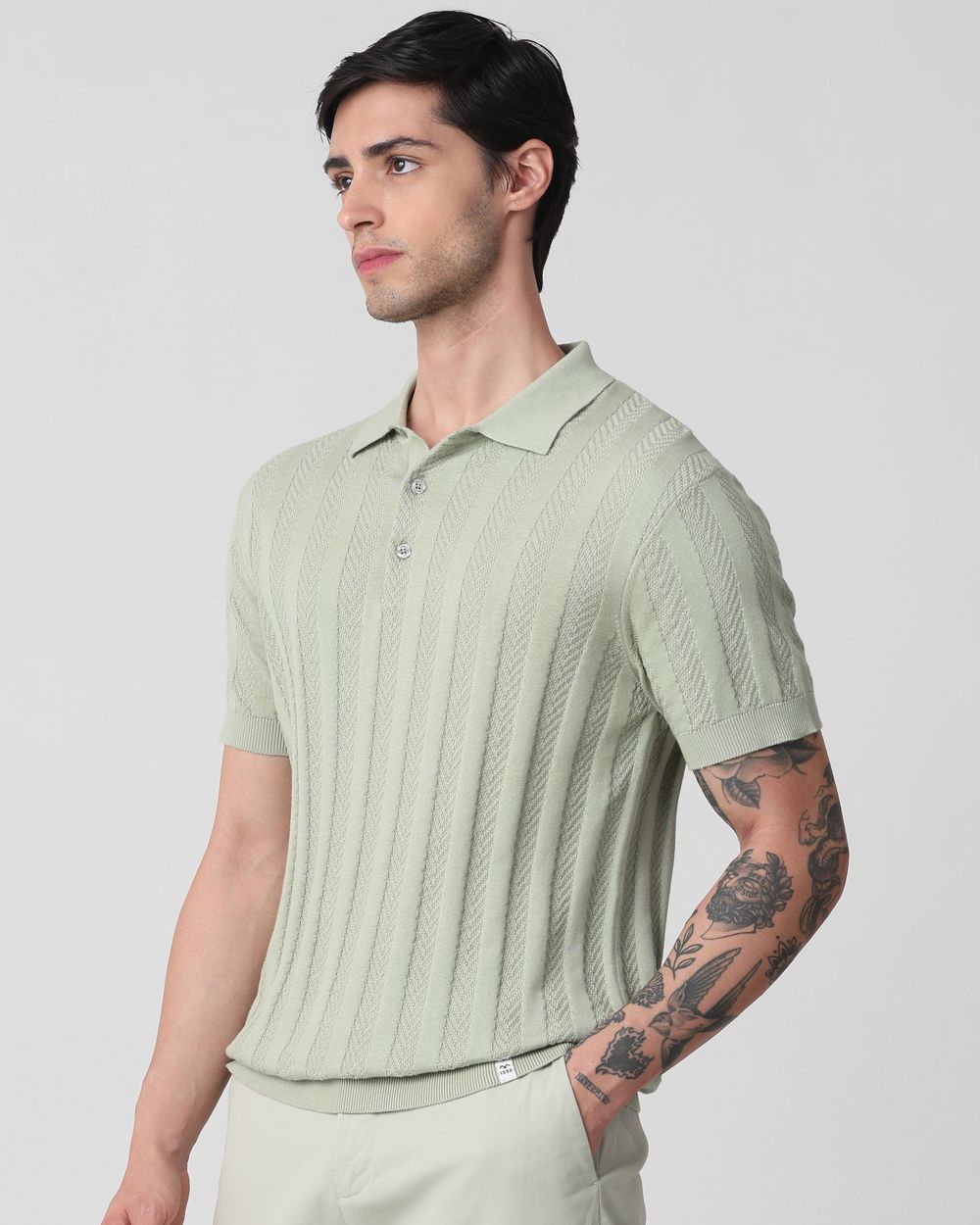 Light Olive Self Stripe Flatknit Slim Fit Polo