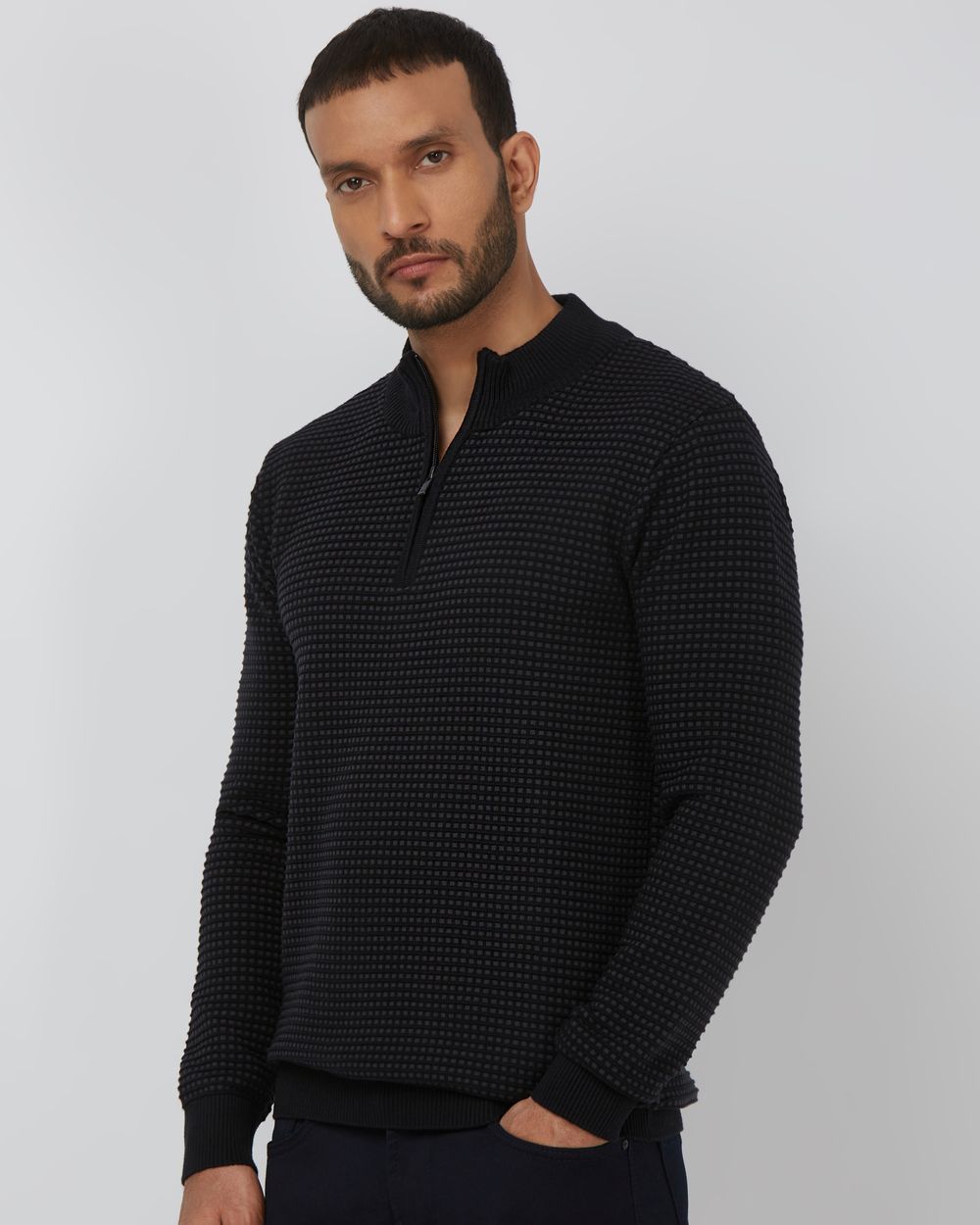 Navy Mock Neck Plain Slim Fit Sweater