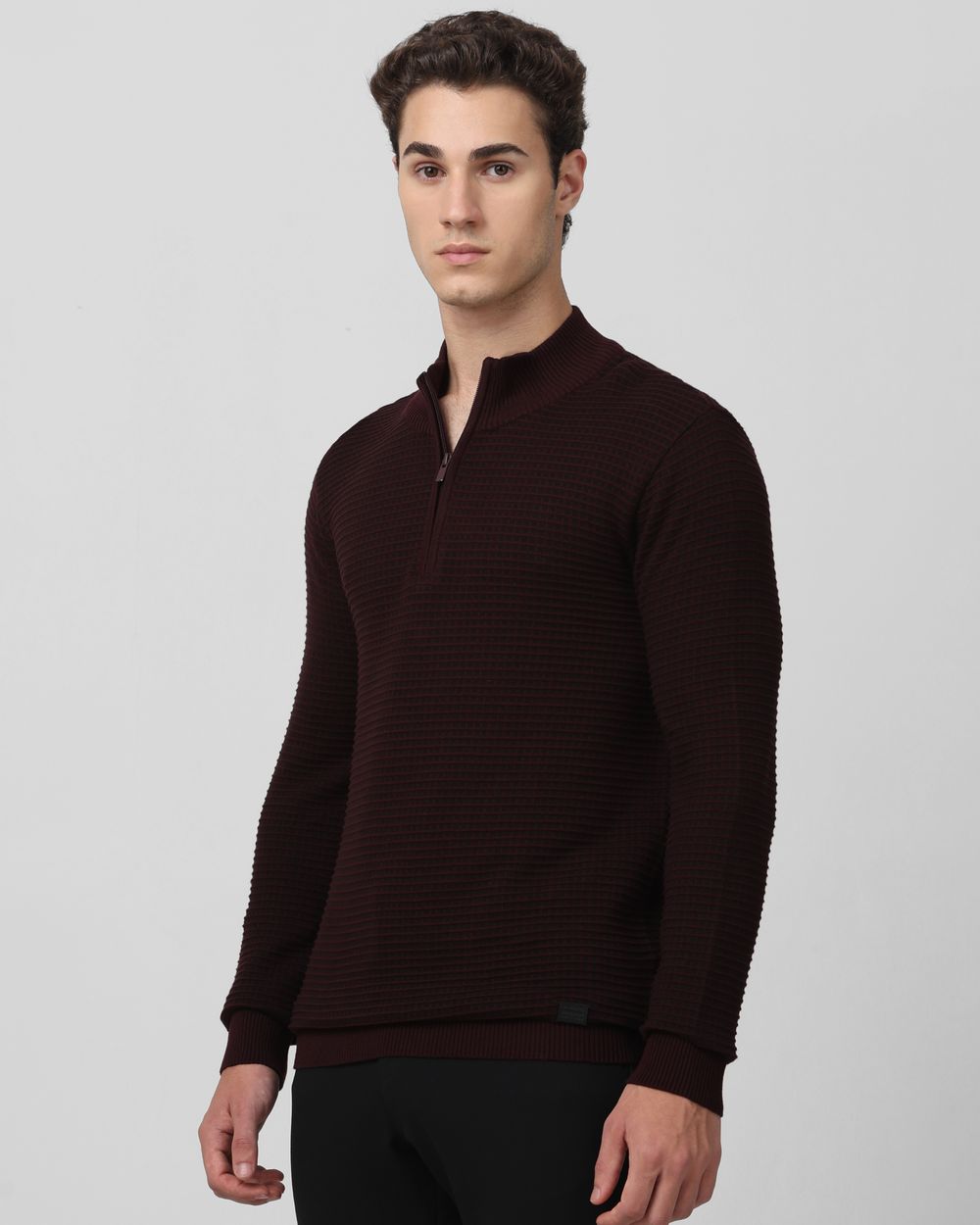 Maroon Mock Neck Plain Slim Fit Sweater