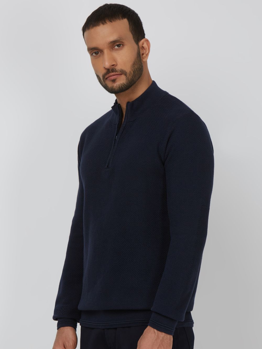 NAVY MOCK NECK HALF ZIP SLIM FIT SWEATER