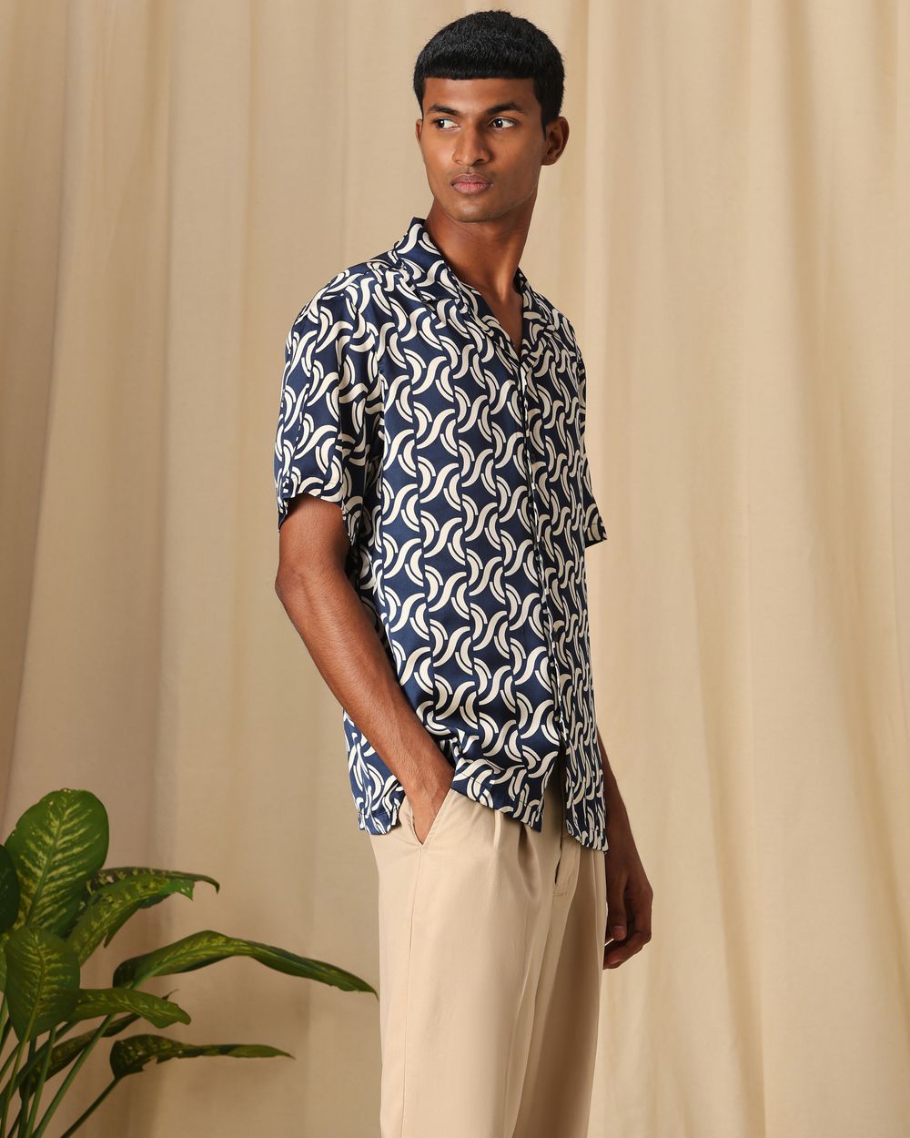 Navy Abstract Print Loose Fit Casual Shirt