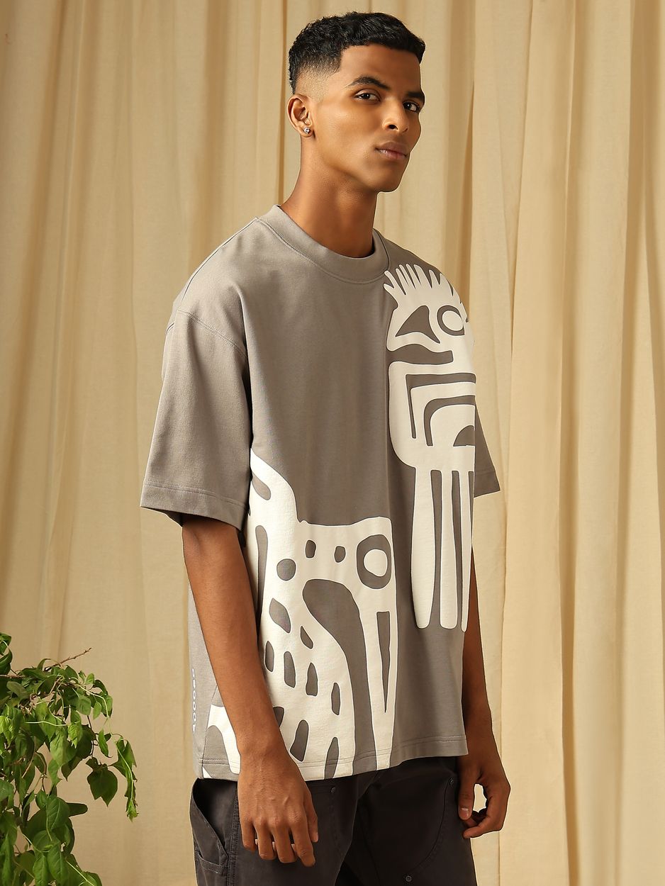 Grey Puff Print Oversized Loose Fit Jersey Tee