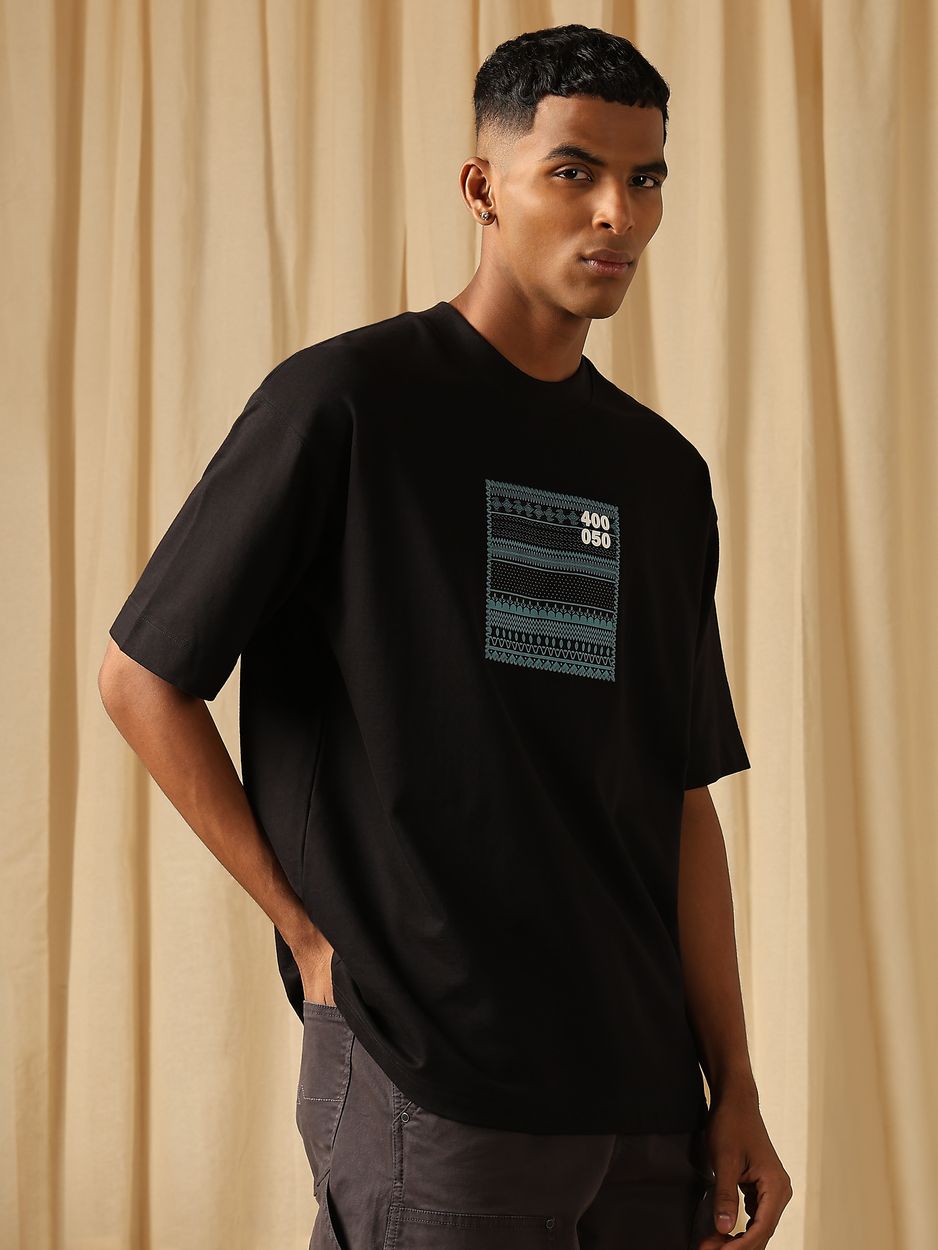 Black Chest Print Oversized Loose Fit Jersey Tee