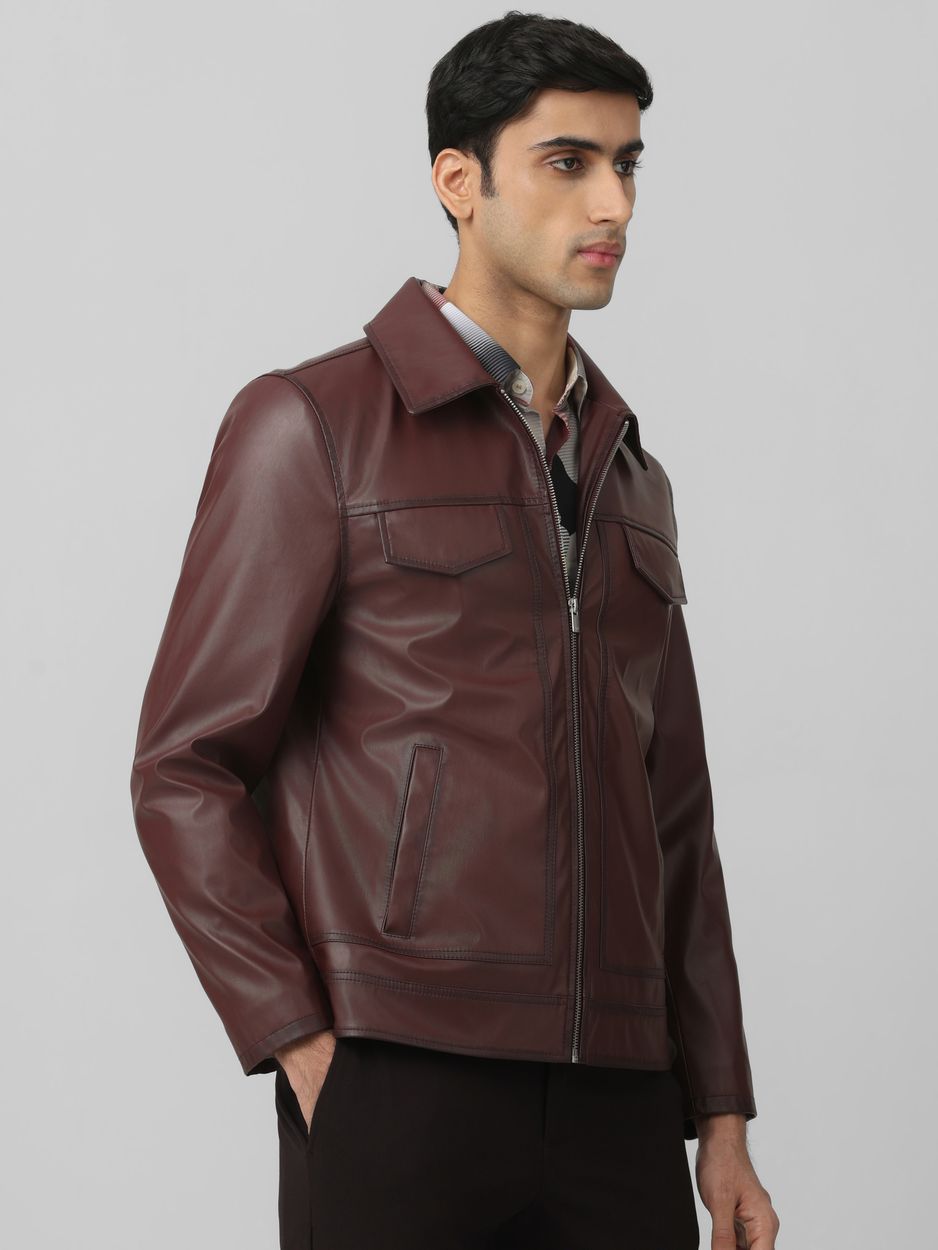 Maroon Faux Leather Biker Slim Fit Jacket
