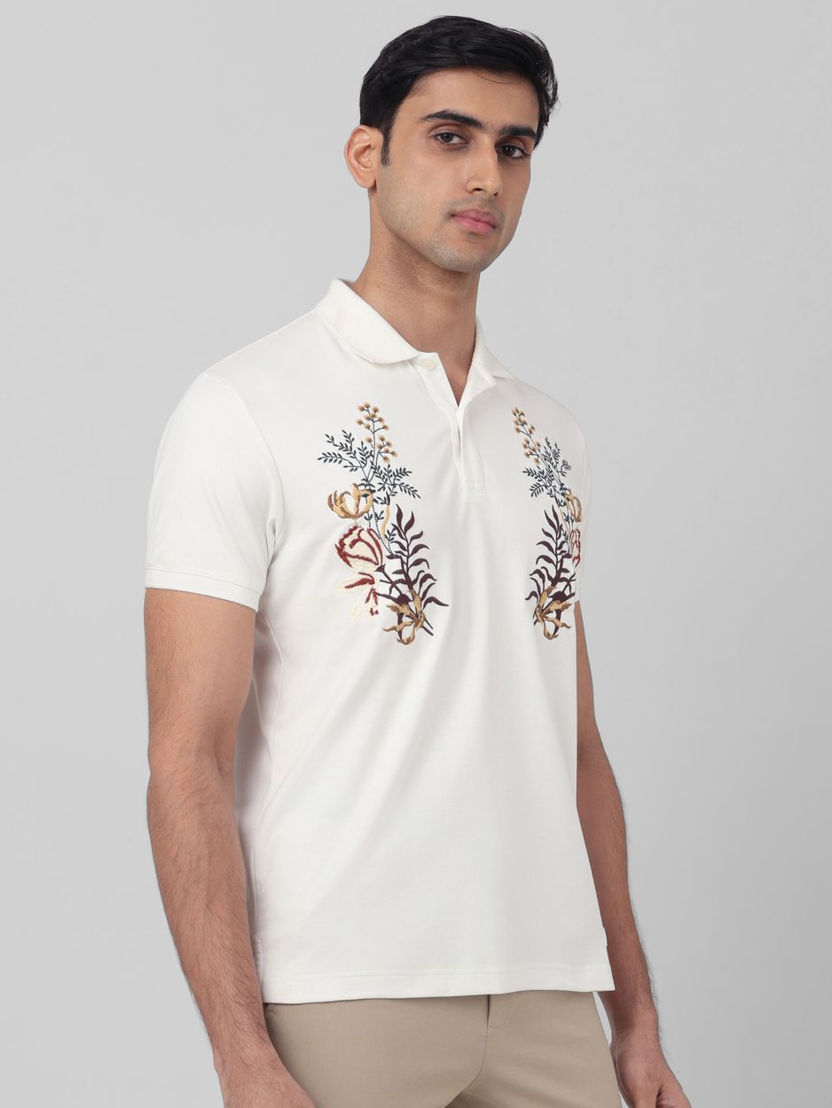White Embroidered Plain Half Sleeve Casual T-Shirt