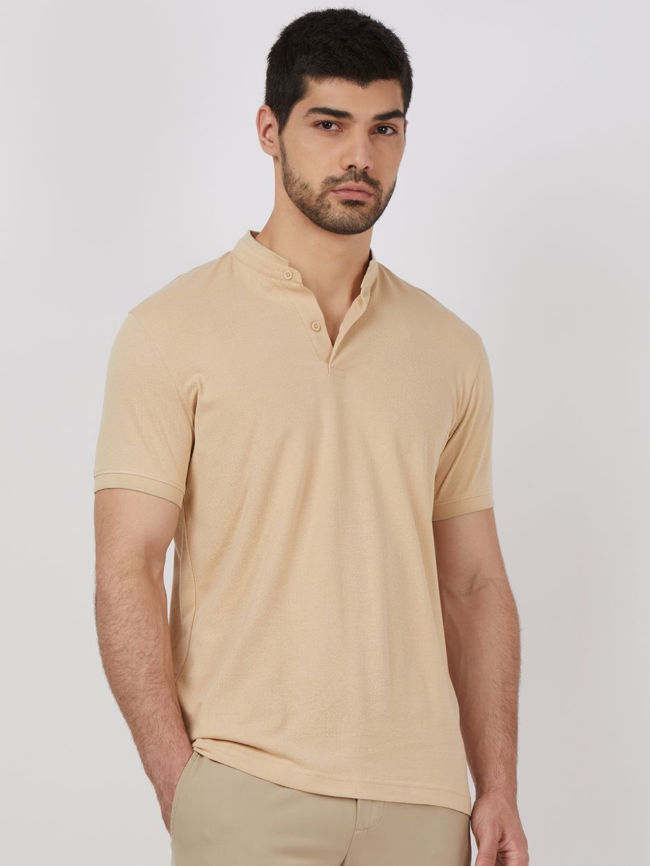 Beige Textured Plain Half Sleeve Casual Henley