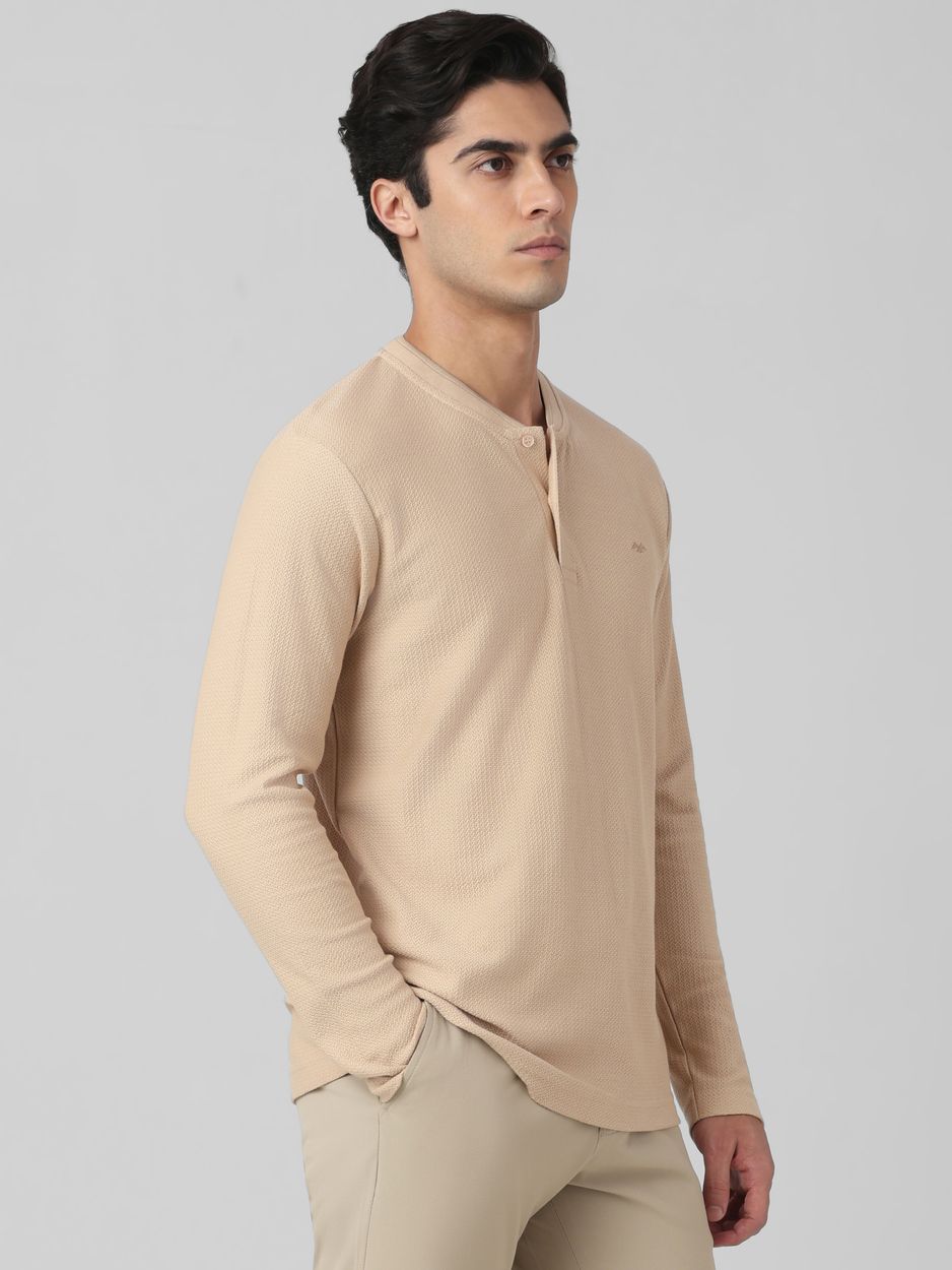 Beige Textured Plain Full Sleeve Casual T-Shirt