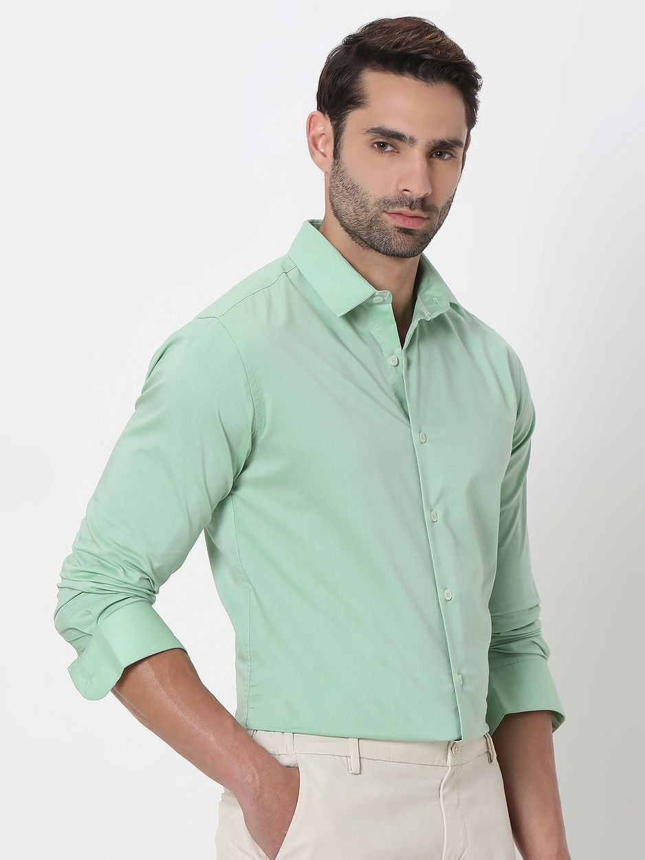 Light Green Stretch Plain Slim Fit Casual Shirt