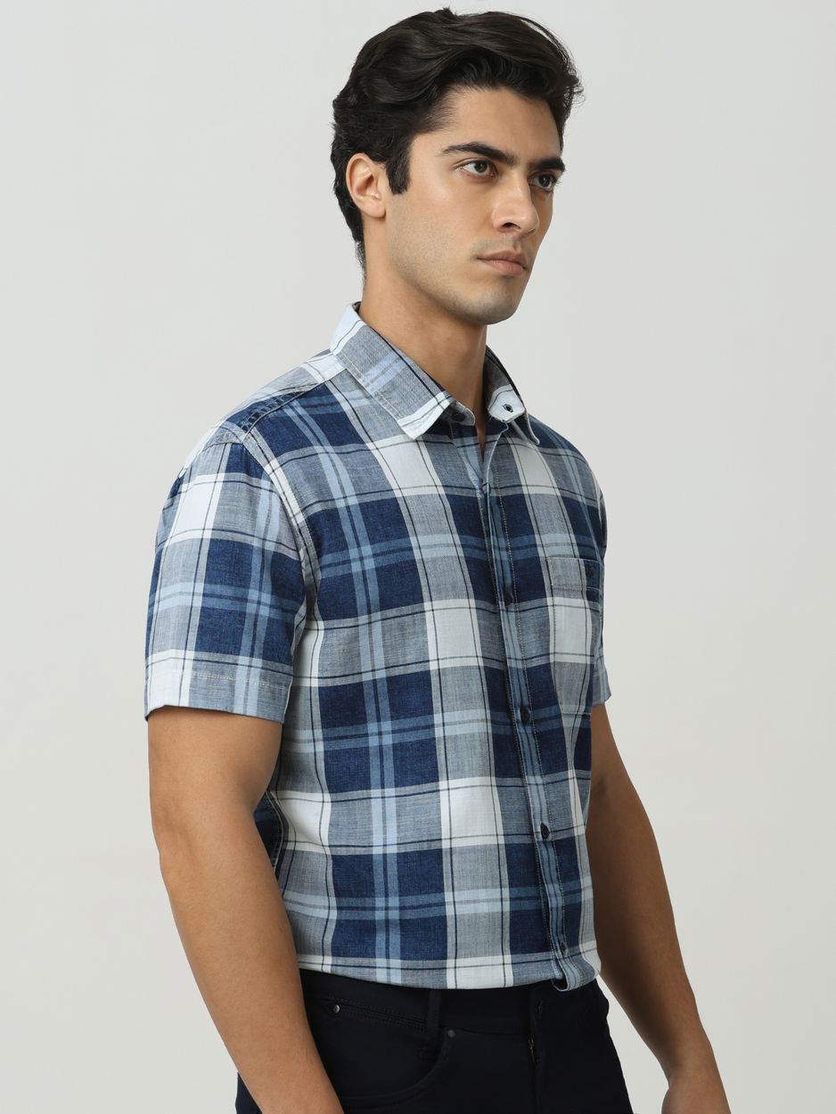 Indigo Blue Denim Check Slim Fit Casual Shirt