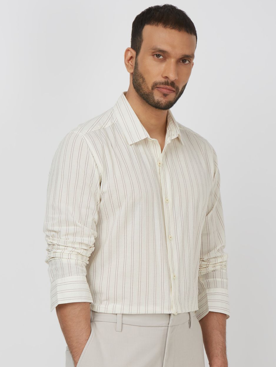 Off White Seersucker Stripe Slim Fit Casual Shirt