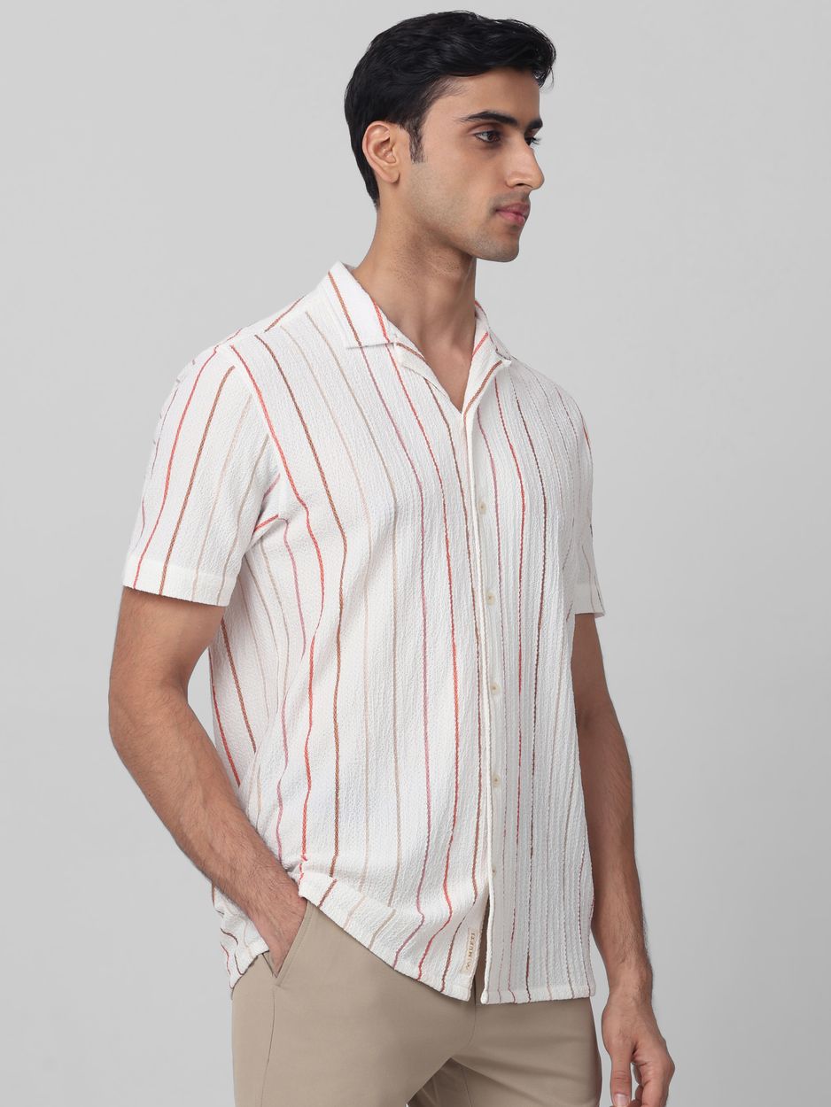 White Textured Stripe Relaxed Fit Casual Shirt