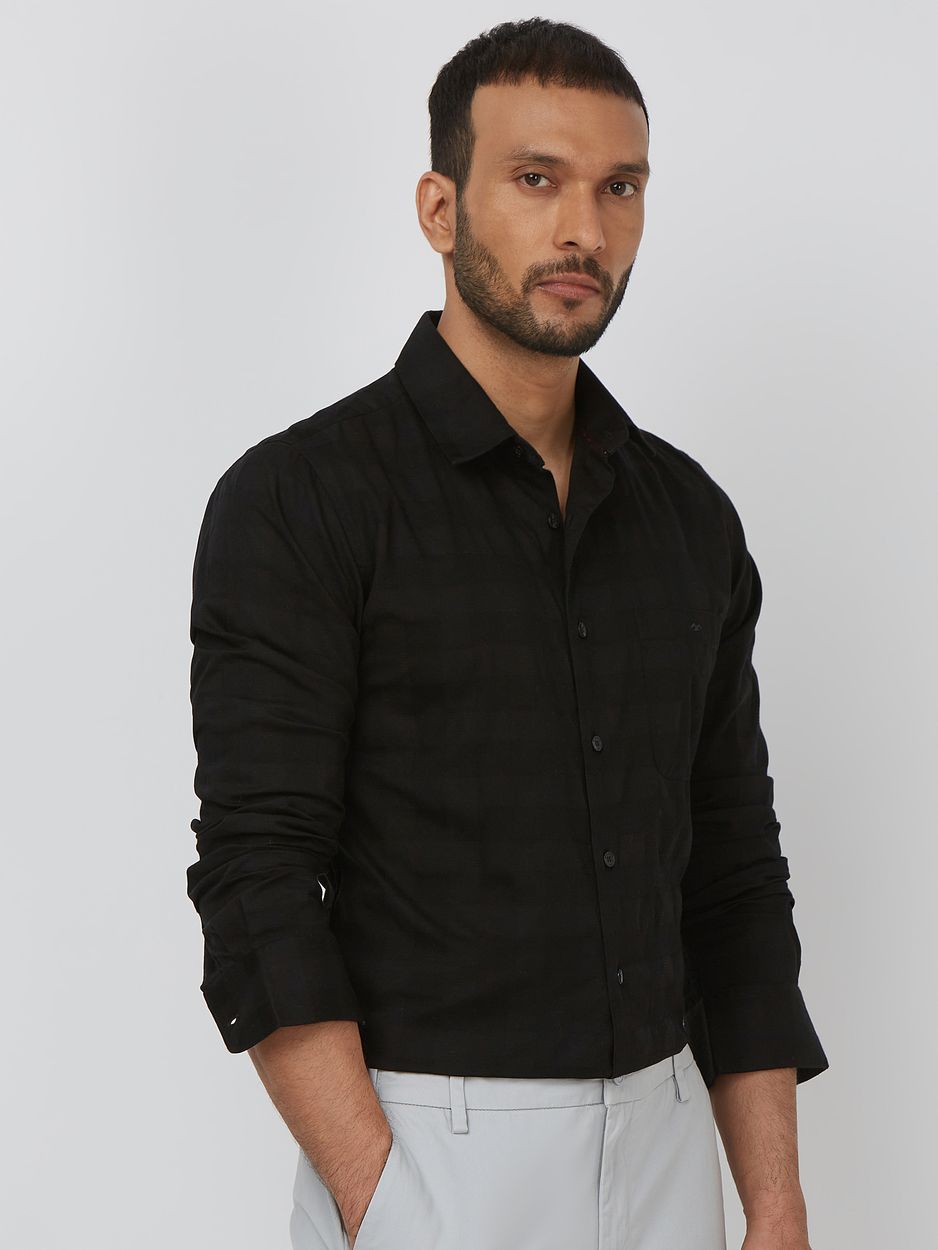 Black Textured Check Slim Fit Casual Shirt