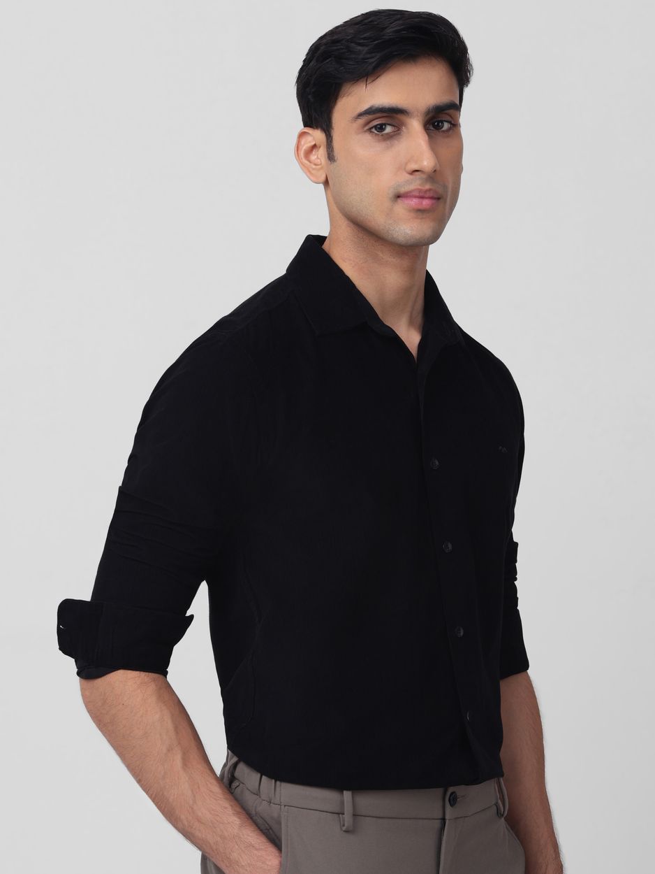 Black Corduroy Plain Slim Fit Casual Shirt