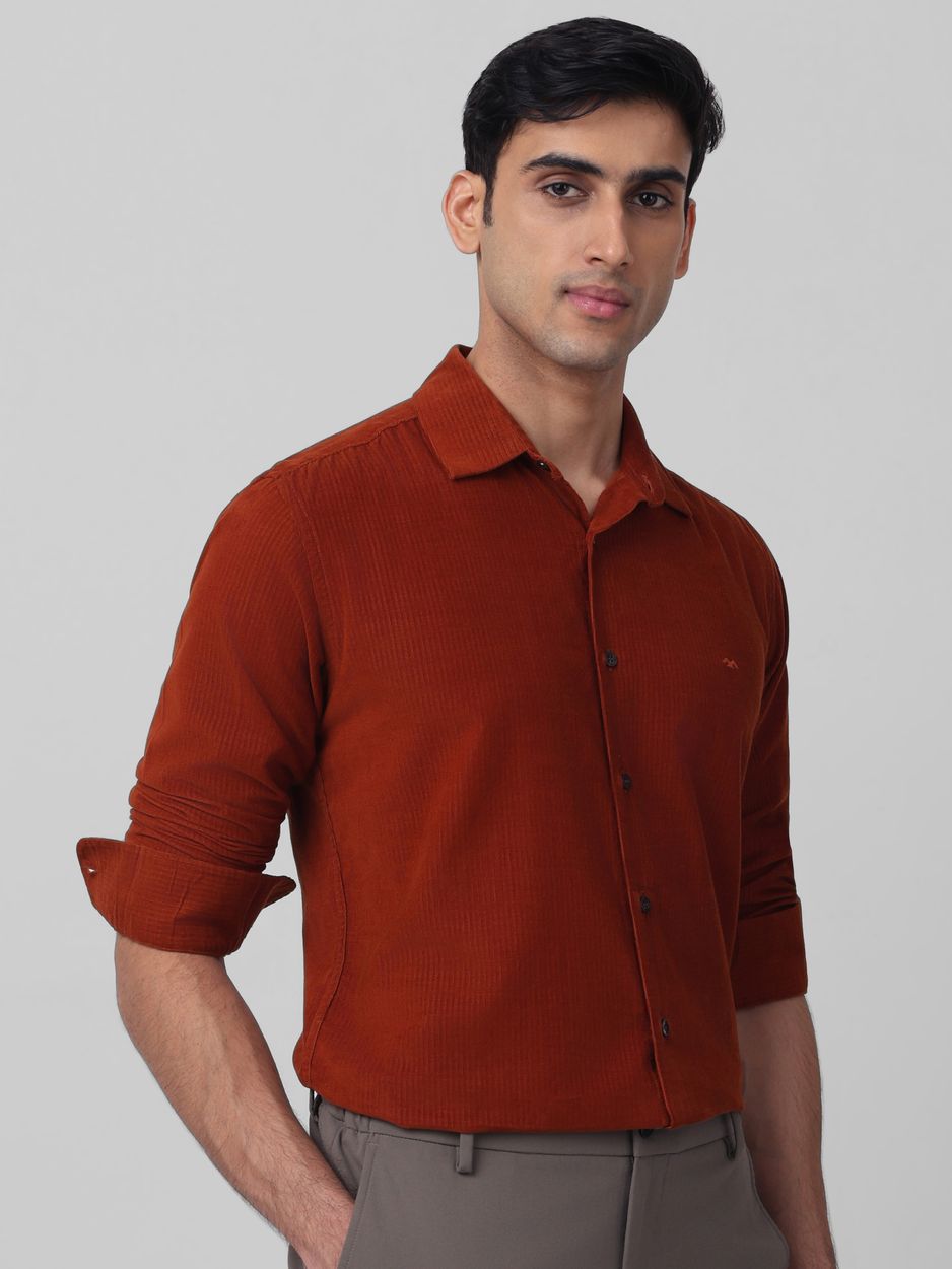 Rust Corduroy Plain Slim Fit Casual Shirt