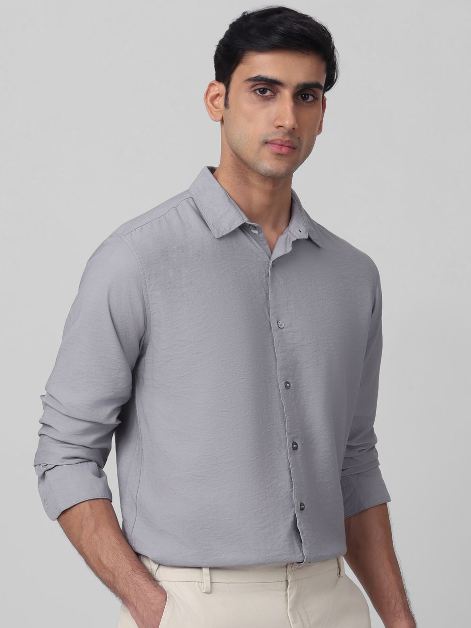 Grey Textured Plain Slim Fit Casual Shirt