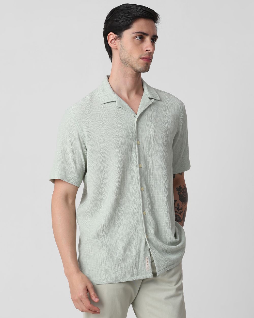 Light Green Textured Plain Relaxed Fit Casual Shirt