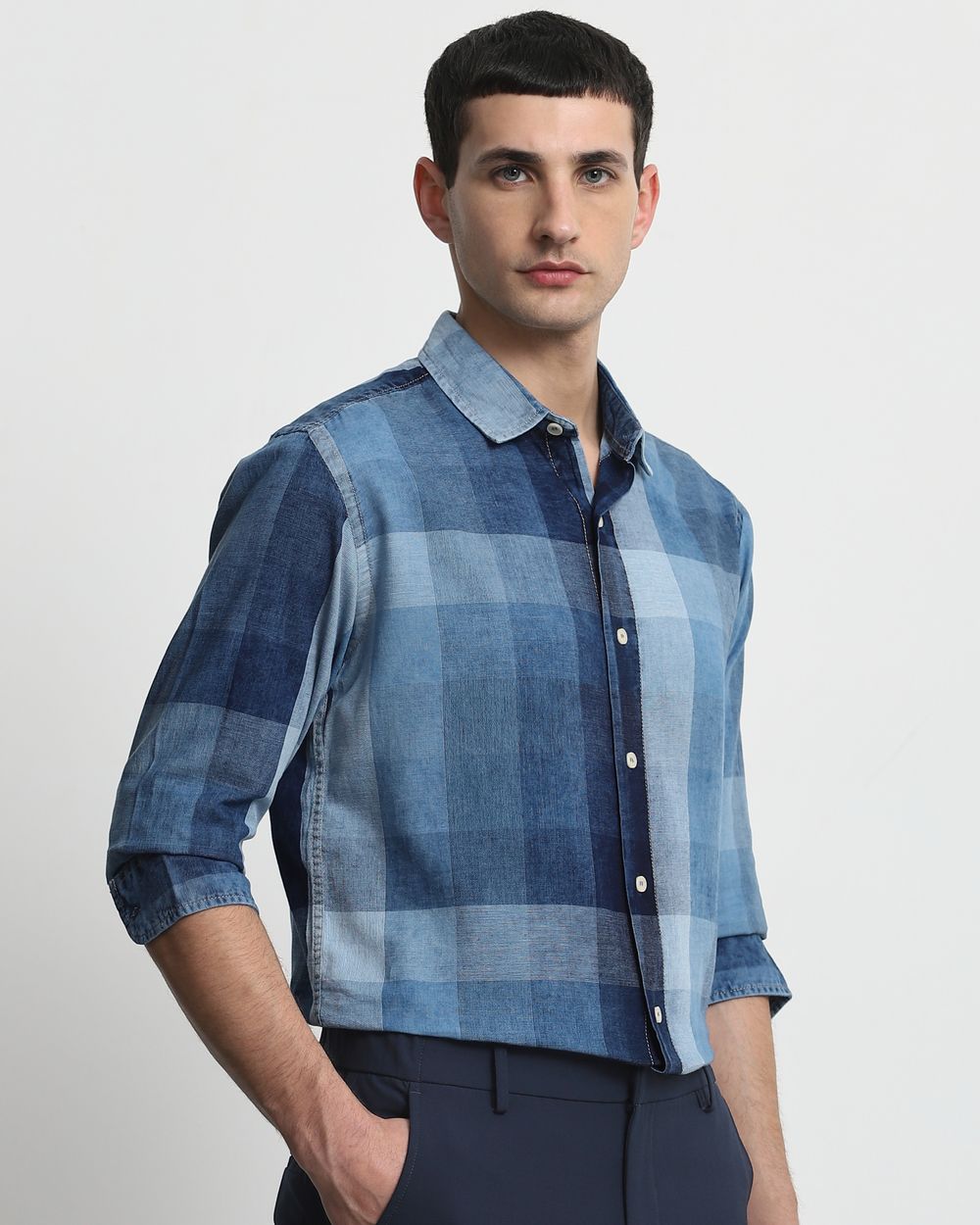 Mid Blue Denim Check Slim Fit Casual Shirt