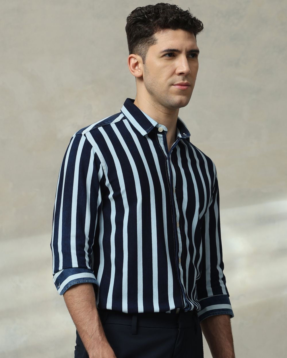 Indigo Blue Denim Stripe Slim Fit Casual Shirt