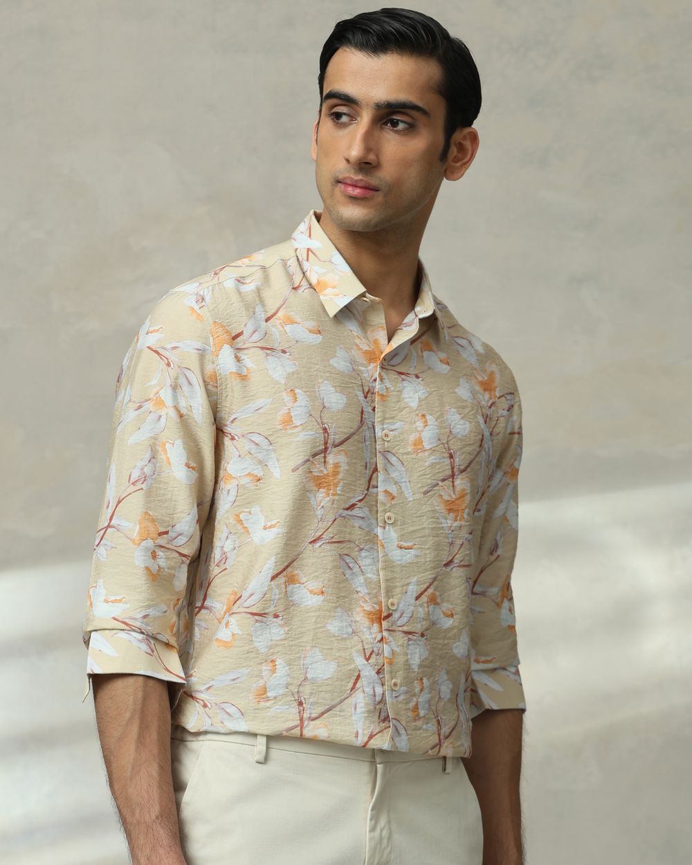Beige Floral Print Slim Fit Casual Shirt