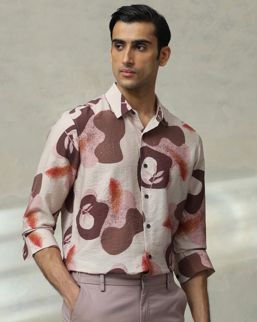 Brown Leaf Print Slim Fit Casual Shirt