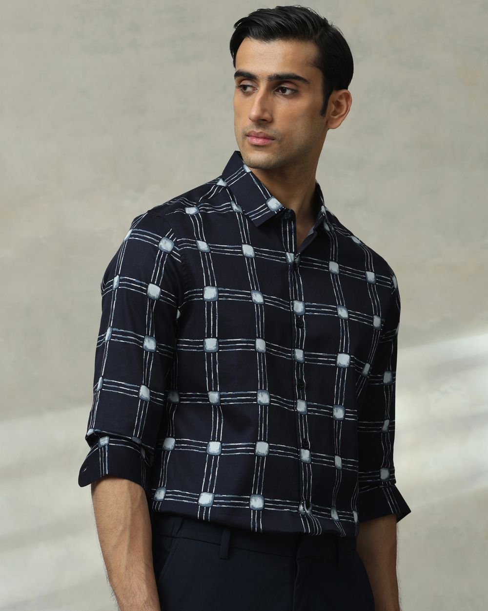 Navy Printed Check Slim Fit Casual Shirt