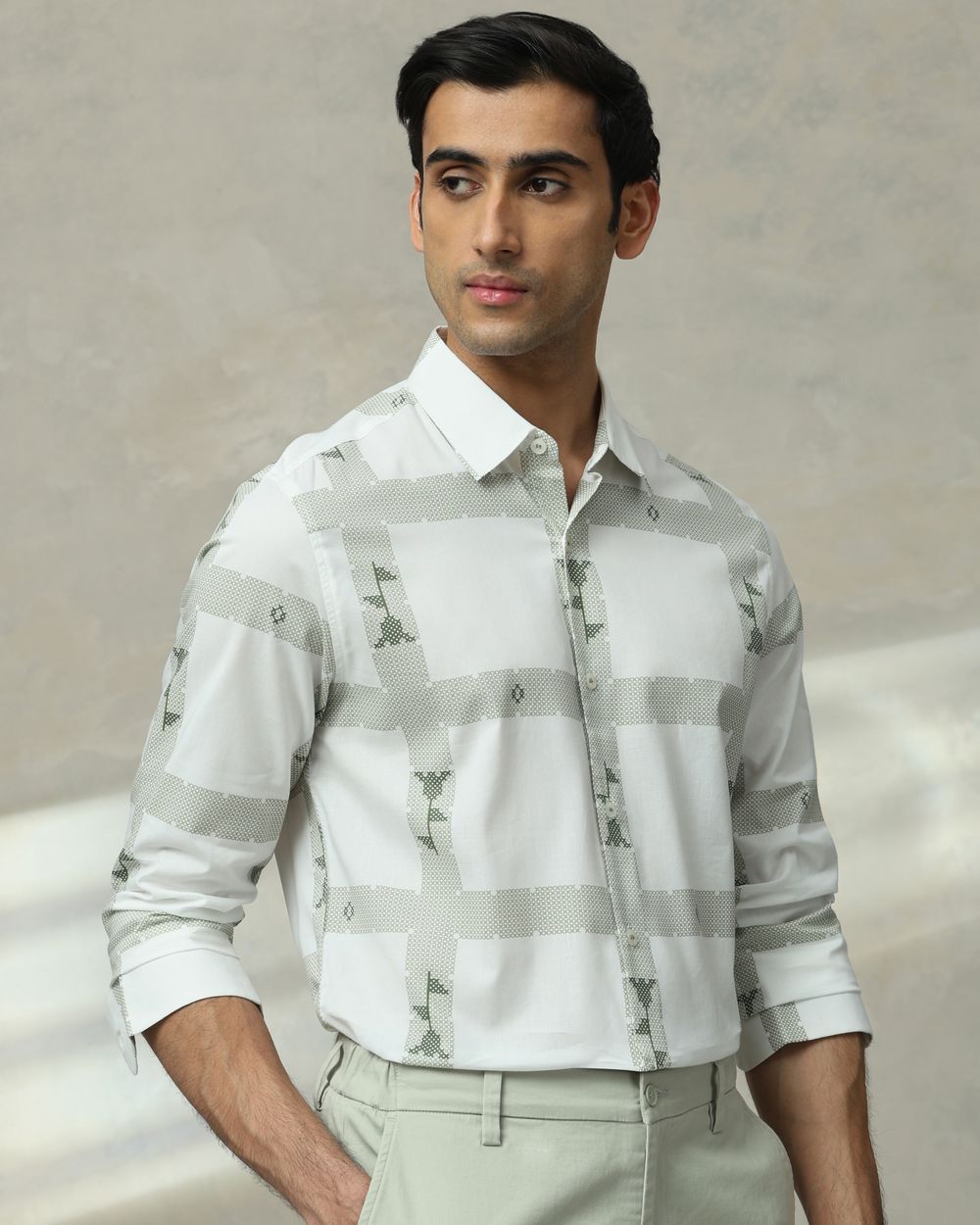 White Printed Check Slim Fit Casual Shirt