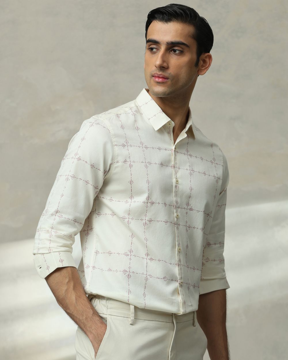 Off White Printed Check Slim Fit Casual Shirt