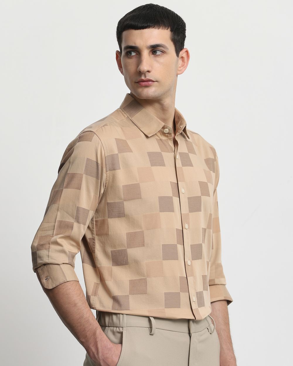 Beige Tonal Check Slim Fit Casual Shirt