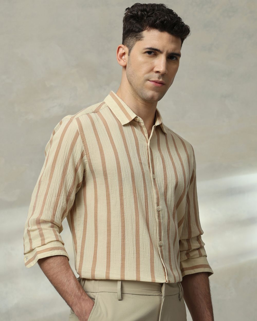 Beige Textured Stripe Slim Fit Casual Shirt