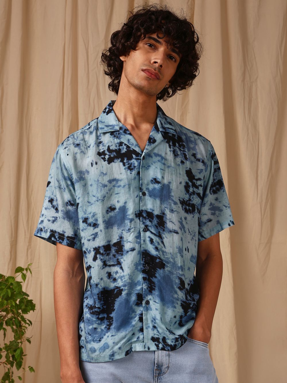 Blue Ink-Blot Print Loose Fit Casual Shirt