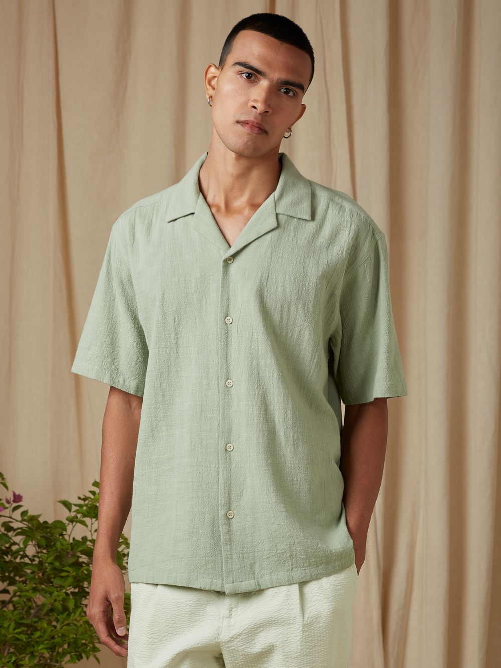 Light Green Textured Plain Loose Fit Casual Shirt