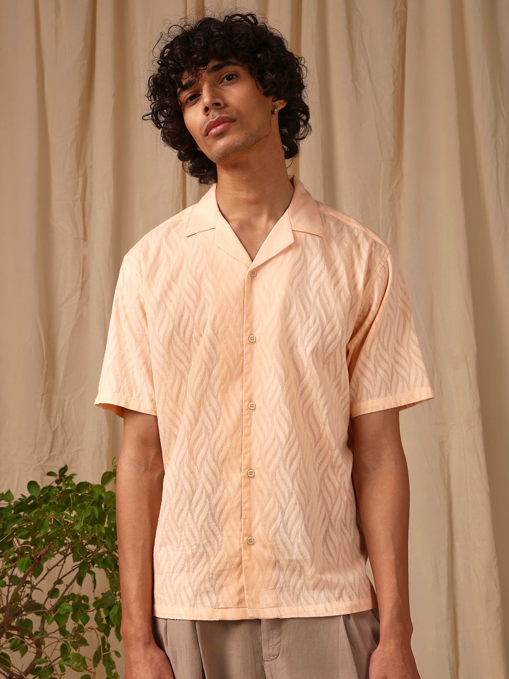 Peach Jacquard Plain Loose Fit Casual Shirt