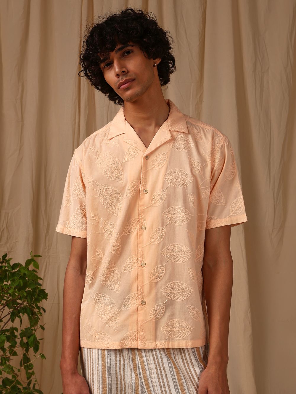 Peach Embroidered Plain Loose Fit Casual Shirt