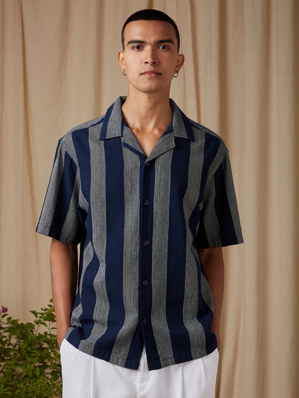 Navy Awning Stripe Loose Fit Casual Shirt